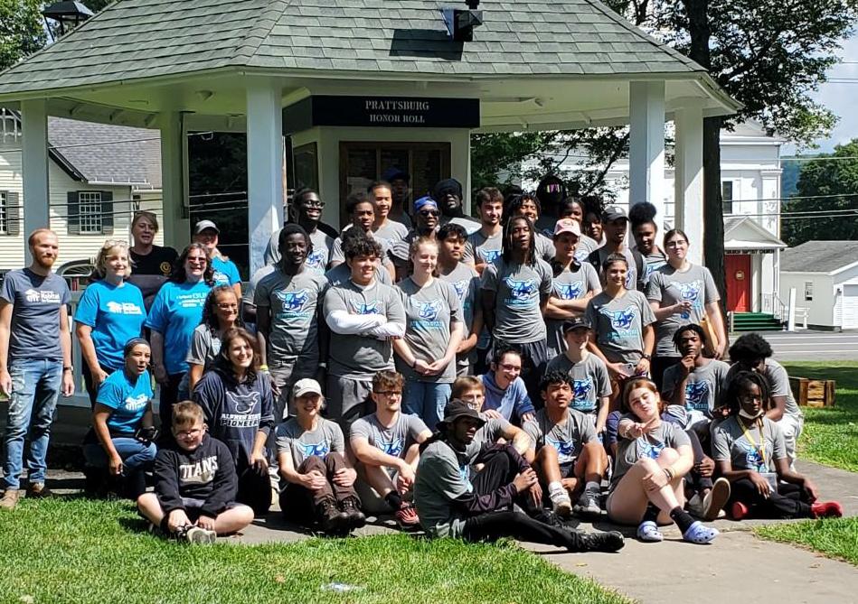 Students in the Alfred State EOP Leadership Summer Prep Academy teamed with Habitat for Humanity to help the Prattsburgh, NY community. The group is pictured in front of the Village Square Park gazebo, one of the projects the group worked on.