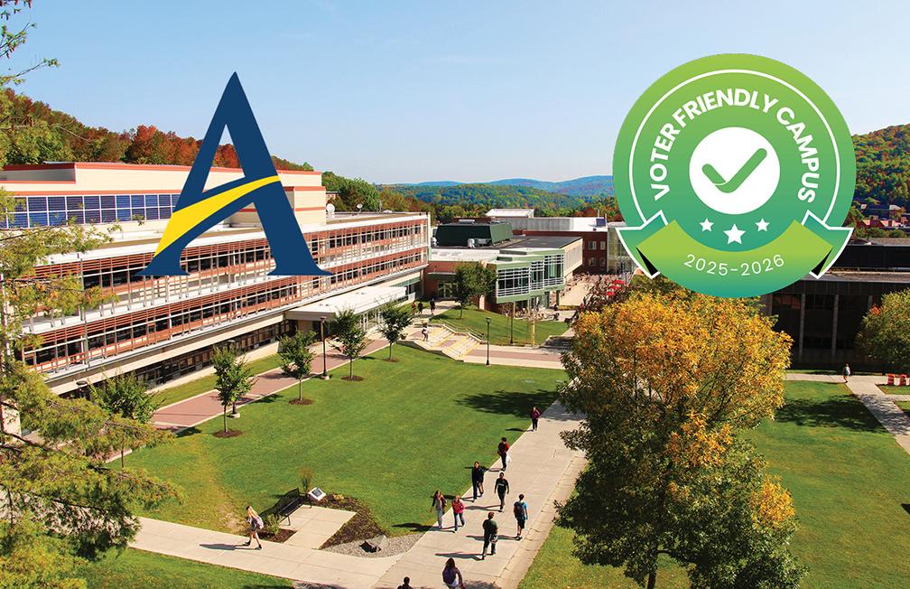 The spine of Alfred State's campus withe Voter Friendly Campus seal