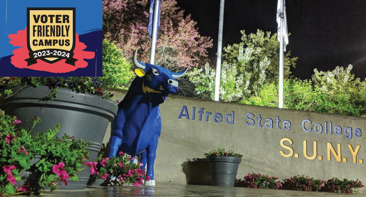 Front entrance of Alfred State College at night