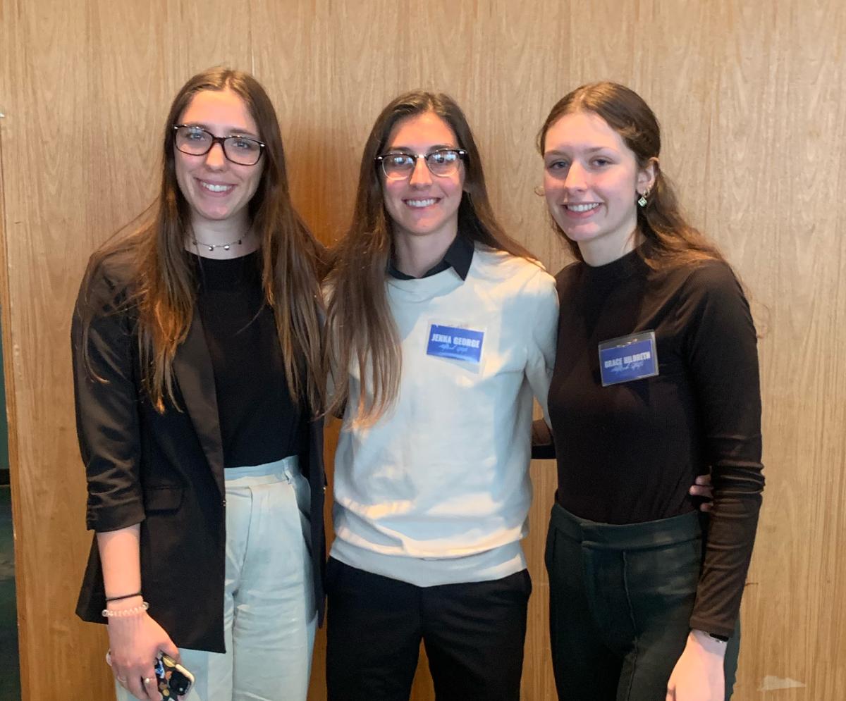 Alfred State students Jenna George and Grace Hildreth along with Alfred University student Katelyn Rieger pose at the Women in Sport Night hosted by the Buffalo Sabres.