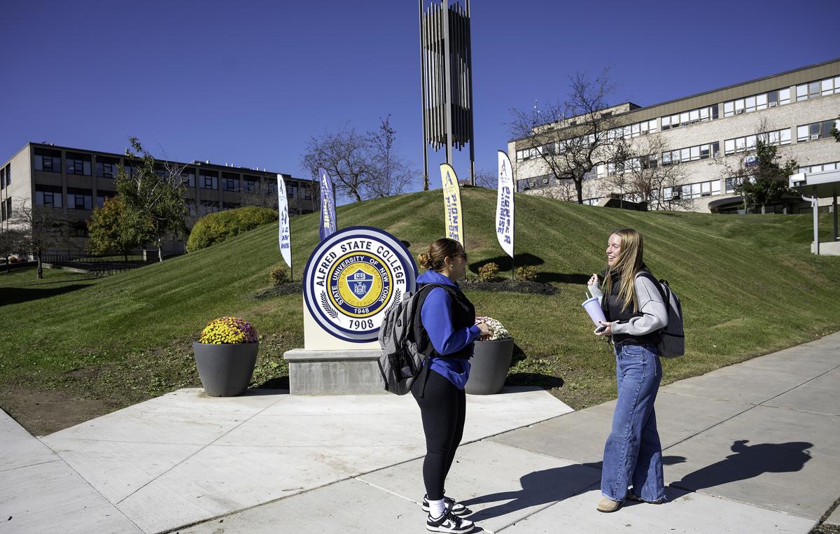 Students chatting in the middle of college campus
