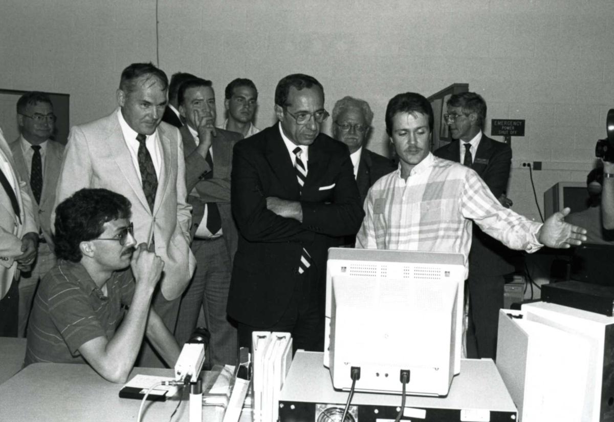 Dr. Hunter along with NYS Governor Mario Cuomo visit the Computer Integrated Manufacturing lab during a visit in Aug. 1989.