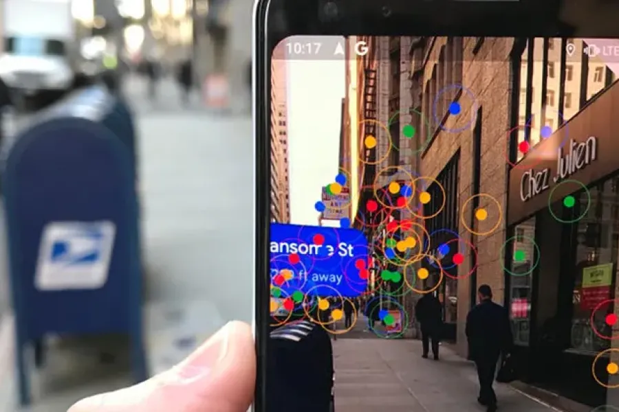 Phone camera showing indicators of objects in augmented reality.