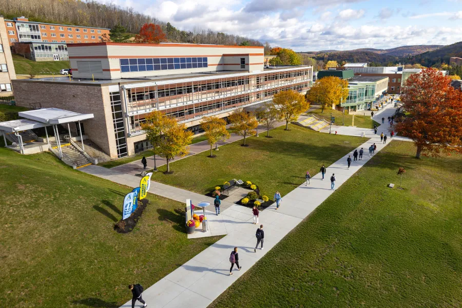 An arial view of Alfred State's campus and buildings