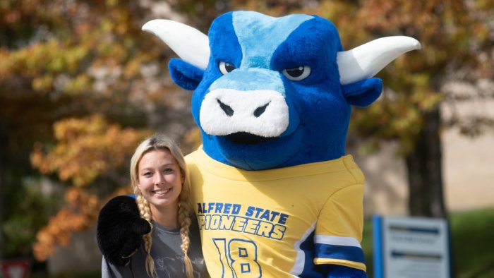 Students visiting the Alfred State campus can meet Big Blue the mascot and learn about Free Tuition Plus.