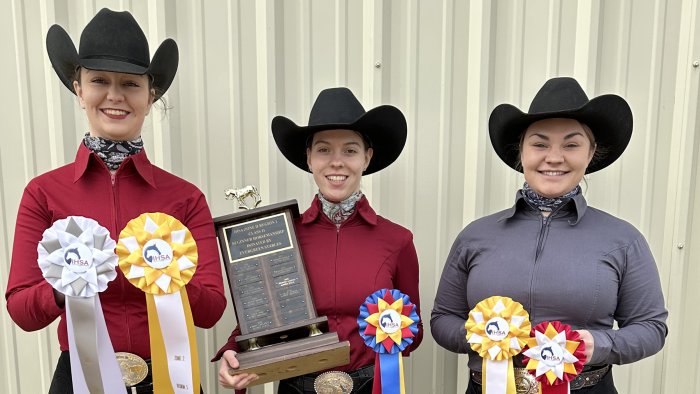 Alfred State riders Jessalyn Corson, Mikenna Riethmiller, and Molly Arnold show off their awards from the IHSA Western Regionals.