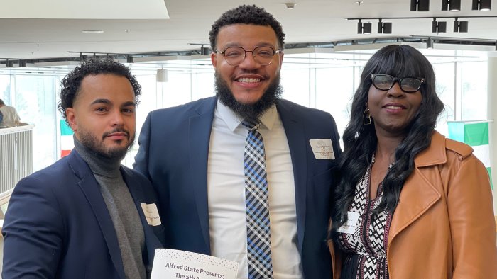 Event organizers (L to R) Dennis Dueno, Desmond Davis, and Afua Boahene at the 5th annual Students of Color Leadership Conference held at Alfred State.