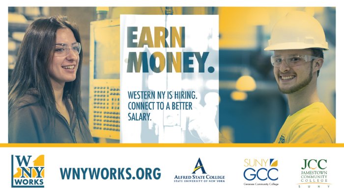 Samples of WNYworks.org advertising to attract workers wanting to learn in-demand skills and join Western New York manufacturing companies.