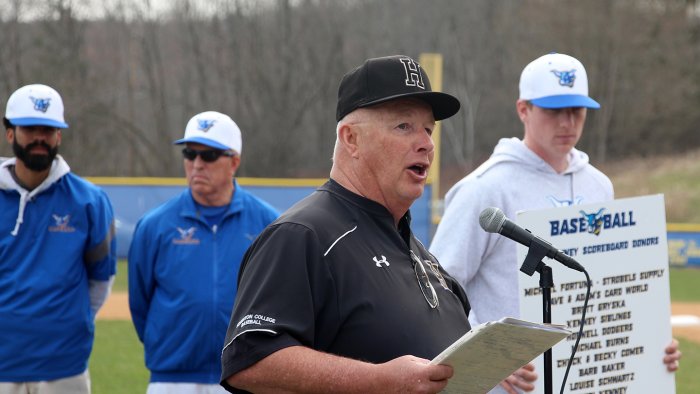 Tom Kenney addresses the fans in a pre-game ceremony that was held before Alfred State took on Houghton University. 
