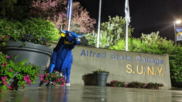 Alfred State main entrance at night