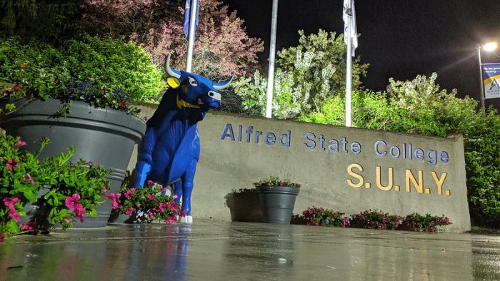 Main entrance of Alfred State at night