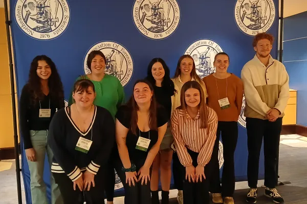 A group of nine forensic science students (Front L to R: Maddison Libby, Makenzie Dullen, Makenzie Matthews; Back L to R: Xianna Sierotnik, Lacey Williamson, Madelyn Maggione, Taylor Curry, Mallory O’Keefe, Brady Harrington)