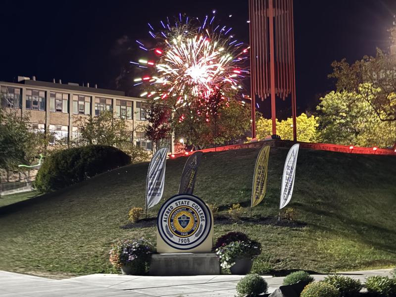 Fireworks explode behind the Belltower and Seal 