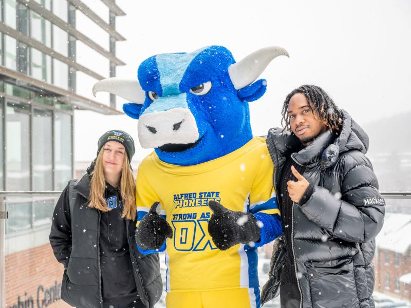Big Blue in the snow with students