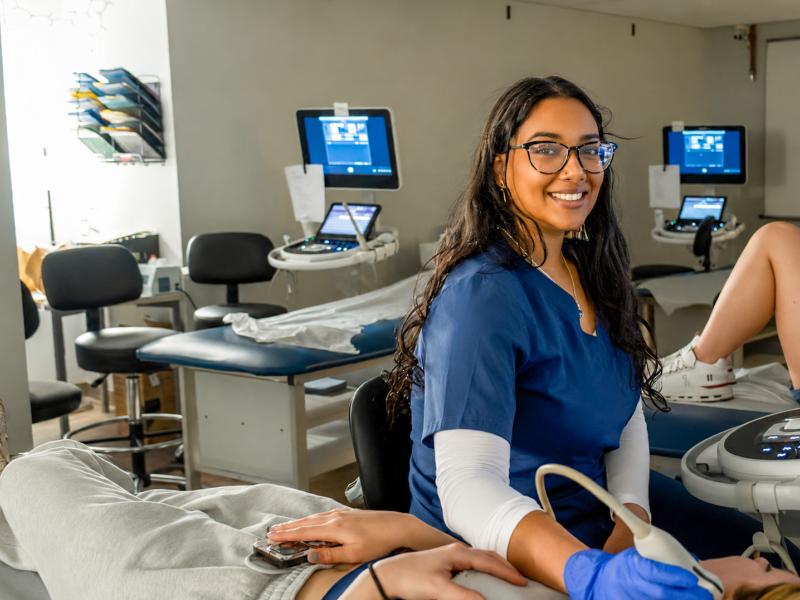 Student works in a sonography lab.