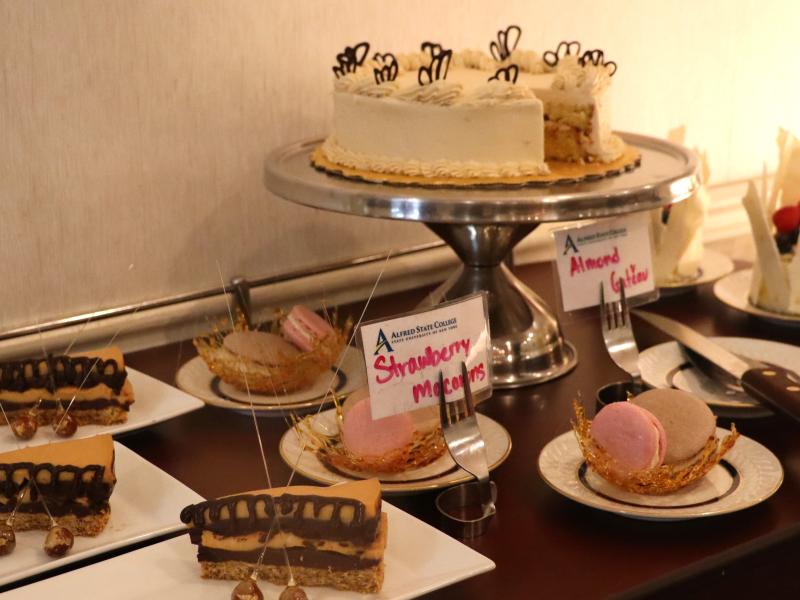 Desserts displayed on a dining cart