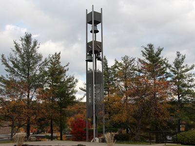 Approximately 6,500 pounds of newly restored bells are hung prior to the 50th anniversary of Hinkle Bell Tower.