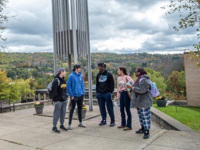 students outside the bell tower
