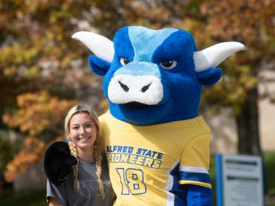 Students visiting the Alfred State campus can meet Big Blue the mascot and learn about Free Tuition Plus.