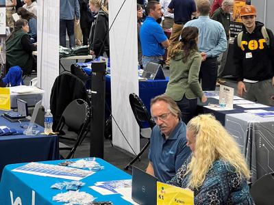 An overhead look of the Fall 2022 Alfred State career fair held in the Orvis Gymnasium.