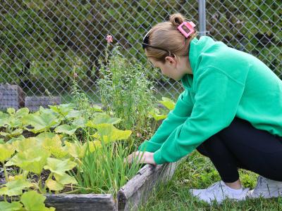 student working at the community garder