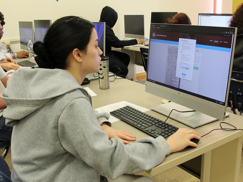 Alfred State students transcribe works by Mary Ann Shadd Cary in the Hinkle Library during the college’s Frederick Douglass day celebration.