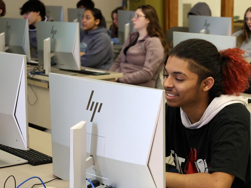 student sits behind computer in a library lab.