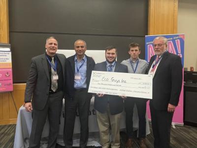 Eco Guys, Inc. celebrated victory in the Allegany County Startup Collegiate Competition (L to R) President Dr. Steven Mauro, Professor Reza Rashidi, mechanical engineering technology students Zackary Martin and David Benson, and Interim Provost Dr. Craig 