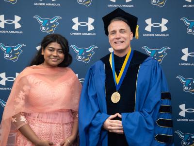 Alfred State Student Senate President Soumya Konar poses with President Dr. Steven Mauro prior to Honors Convocation.