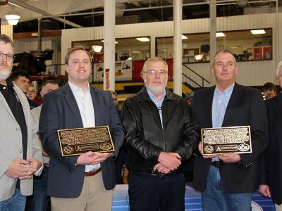 Bryan Abel, Casey Joyce, Craig Clark, Paul McCormick, and Charlie Joyce celebrate the partnership between Alfred State, Otis Eastern, and IUOE.