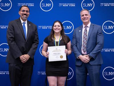 Katelyn James with the Chancellor and President