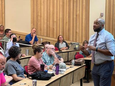 LaDonte King speaks to Alfred State College faculty and staff.
