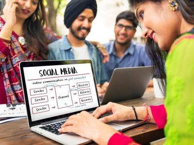 Student works on a laptop