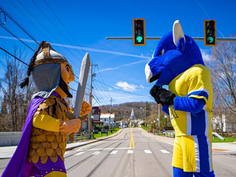 Mascots pose under the stoplight
