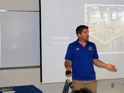Alfred State College building trades instructor Dan Helveston presents during the 37th annual sophomore career day held on campus.