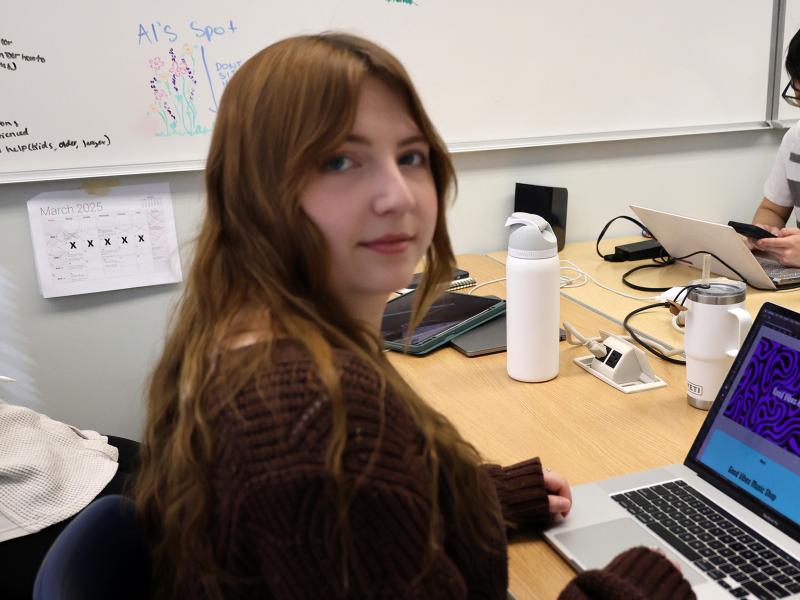 student working on her computer