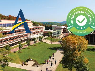The spine of Alfred State's campus withe Voter Friendly Campus seal