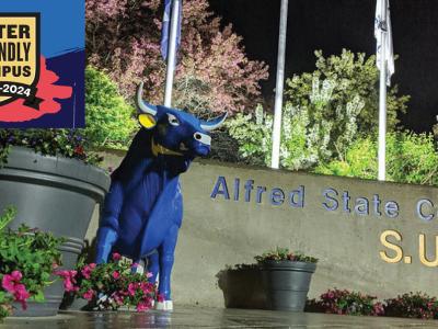 Front entrance of Alfred State College at night