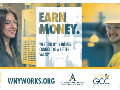 Samples of WNYworks.org advertising to attract workers wanting to learn in-demand skills and join Western New York manufacturing companies.