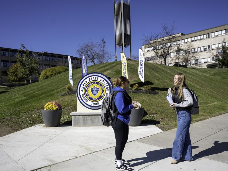 Students chatting in the middle of college campus