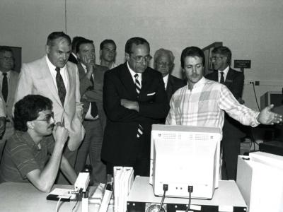 Dr. Hunter along with NYS Governor Mario Cuomo visit the Computer Integrated Manufacturing lab during a visit in Aug. 1989.