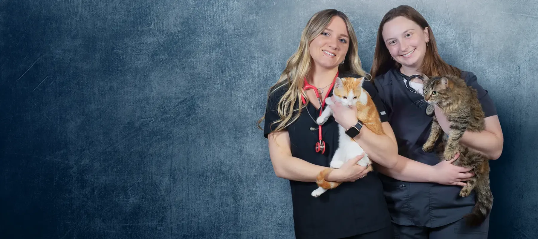 Two vet tech students holding cats.