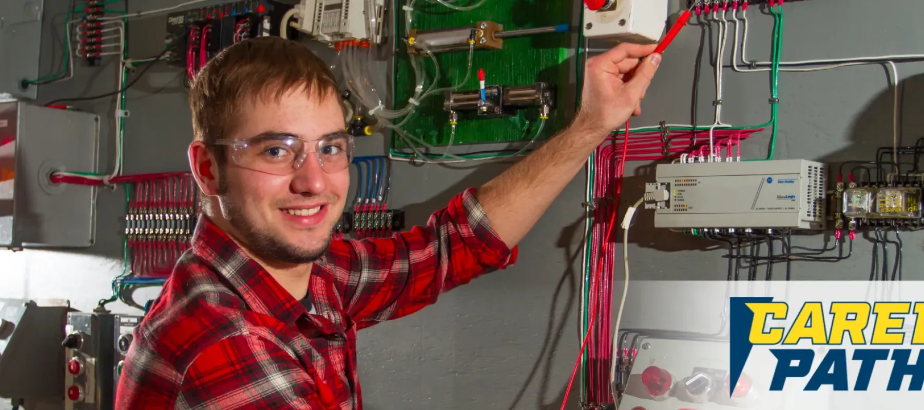 Career paths graphic showing student working on electrical system.