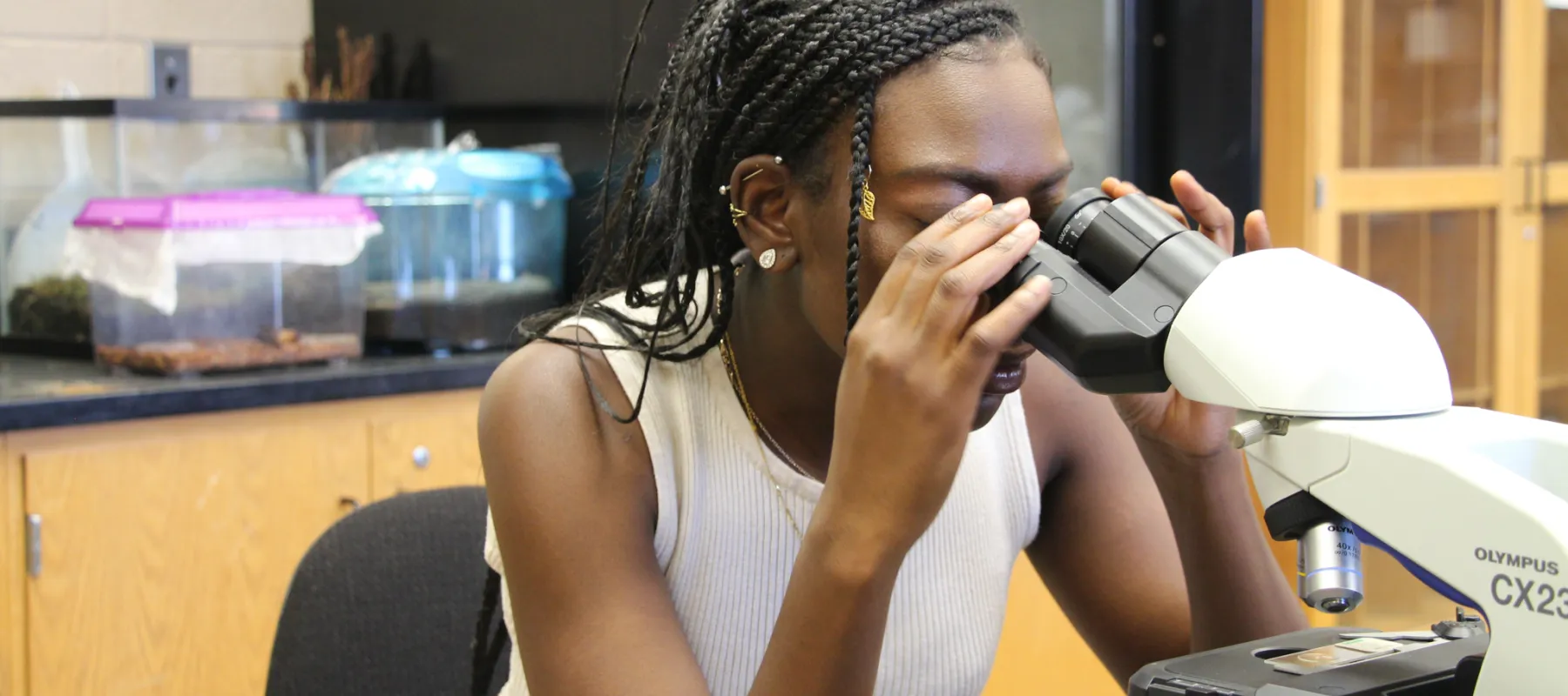 Student looking at slide in microscope.