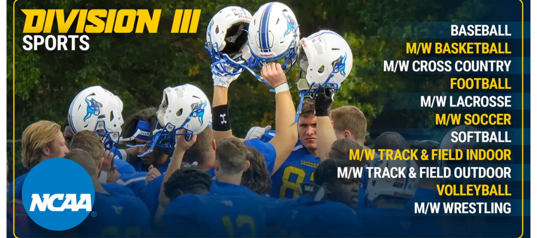 football players holding helmets with a list of sports offered