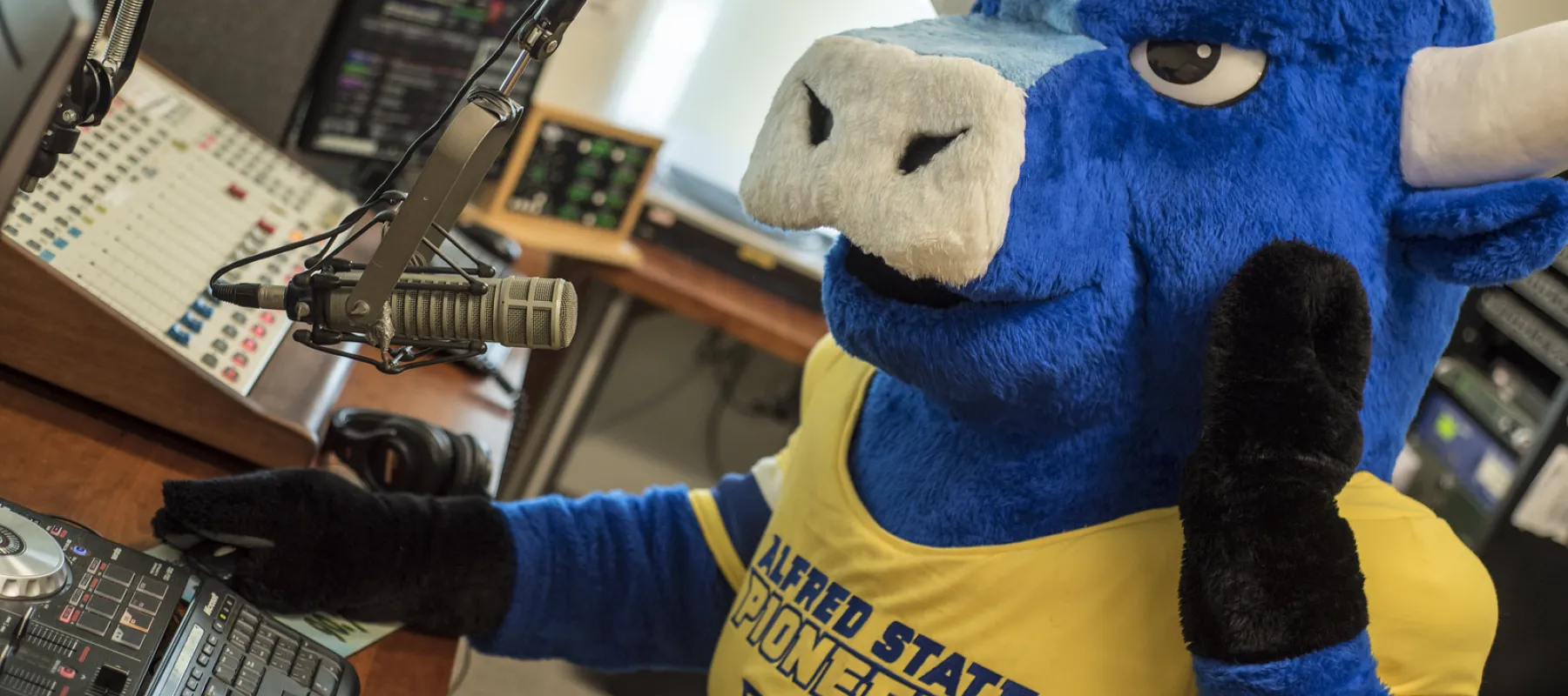 Alfred State's mascot hosting a radio show.