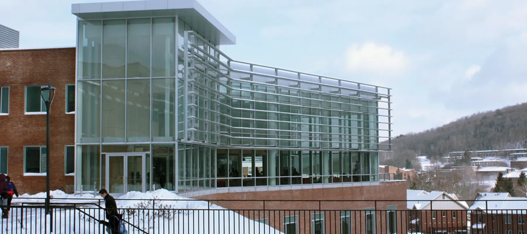 View of the Student Leadership Center from outside in the winter.