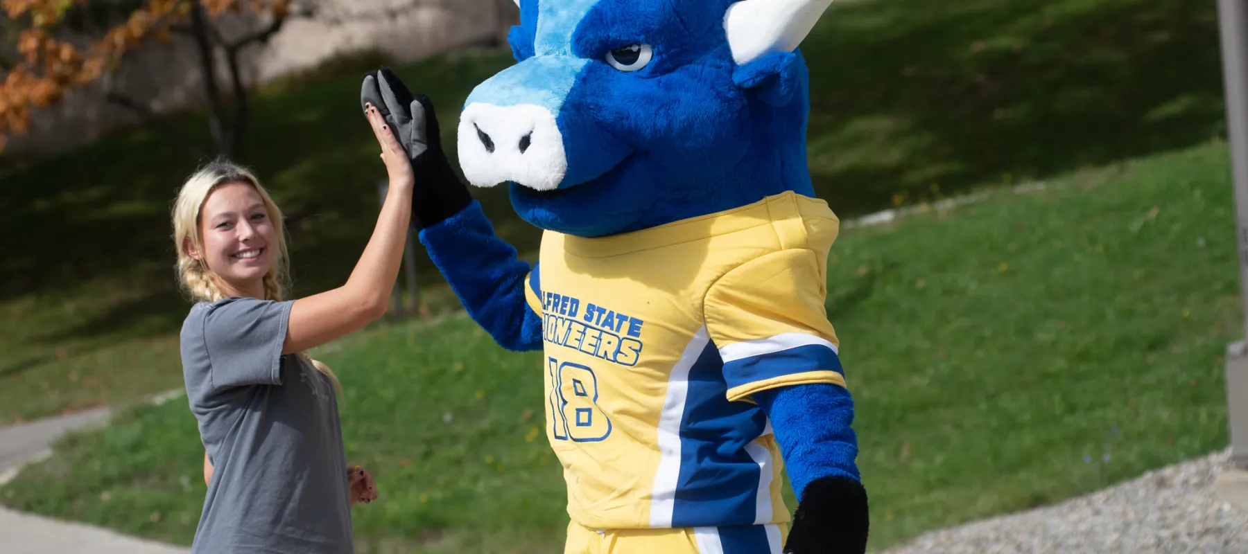 Alfred State's mascot giving a high five to a female student.