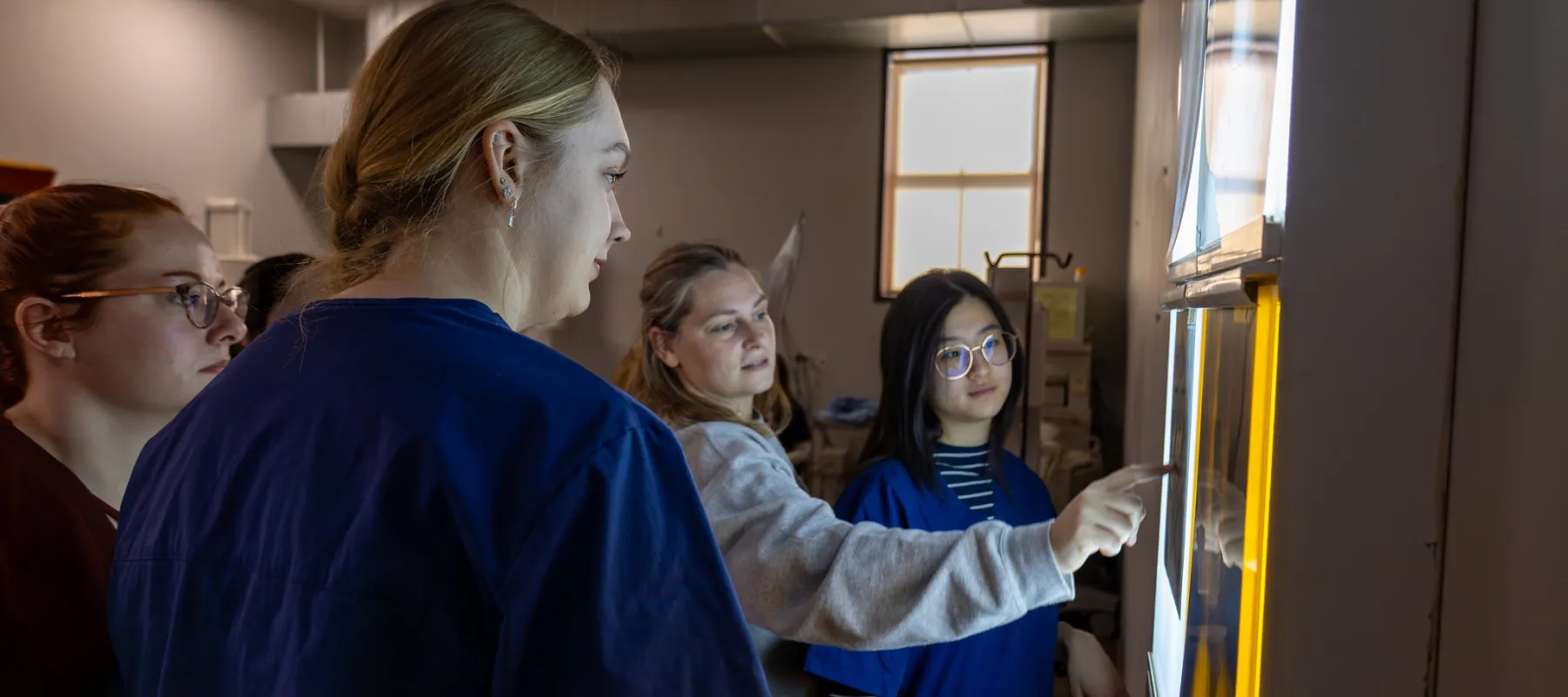 Students looking at x-rays hanging on a light wall while a professor points towards the x-rays.