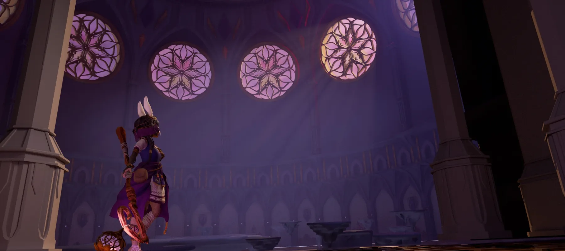 Digital artwork depicting a large room with stained glass windows and a character in the center